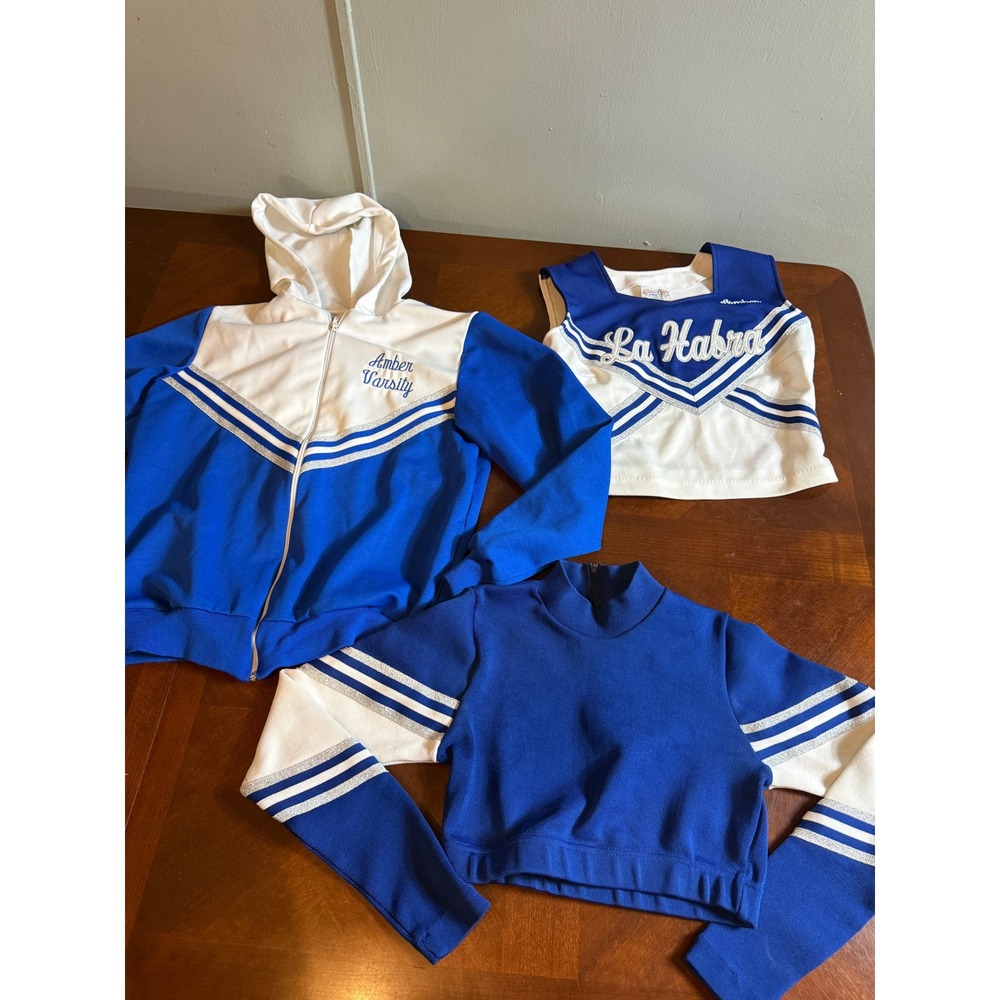 Vintage Broadway Supply La Habra Cheerleading 3pc Set Jacket Shell Crop Top Blue